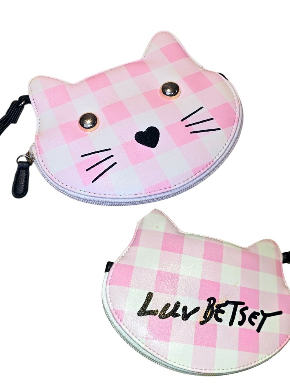 BETSEY JOHNSON Small Pink White Blk Checkered Cat Face Coin Card Zipper Wristlet